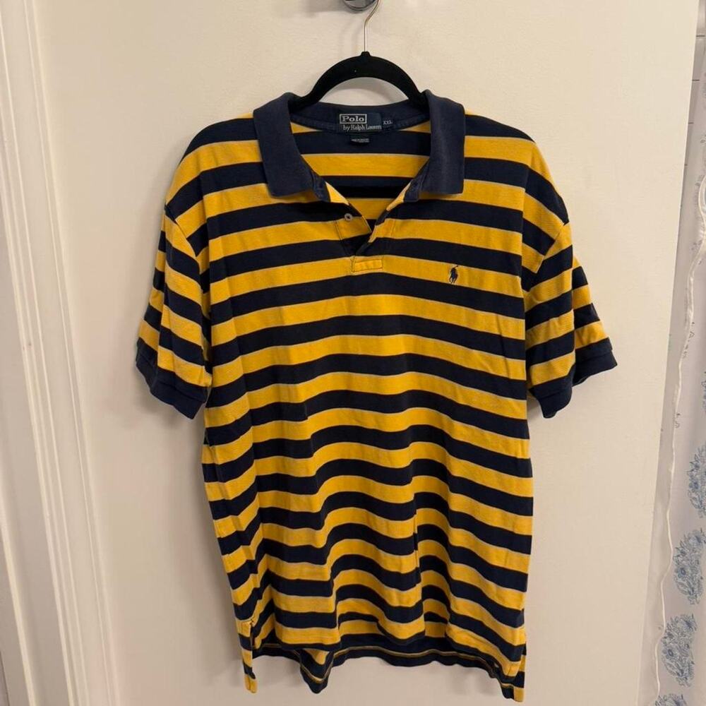 Vintage Polo Ralph‎ Lauren Yellow & Navy Striped Polo Shirt — Size XXL